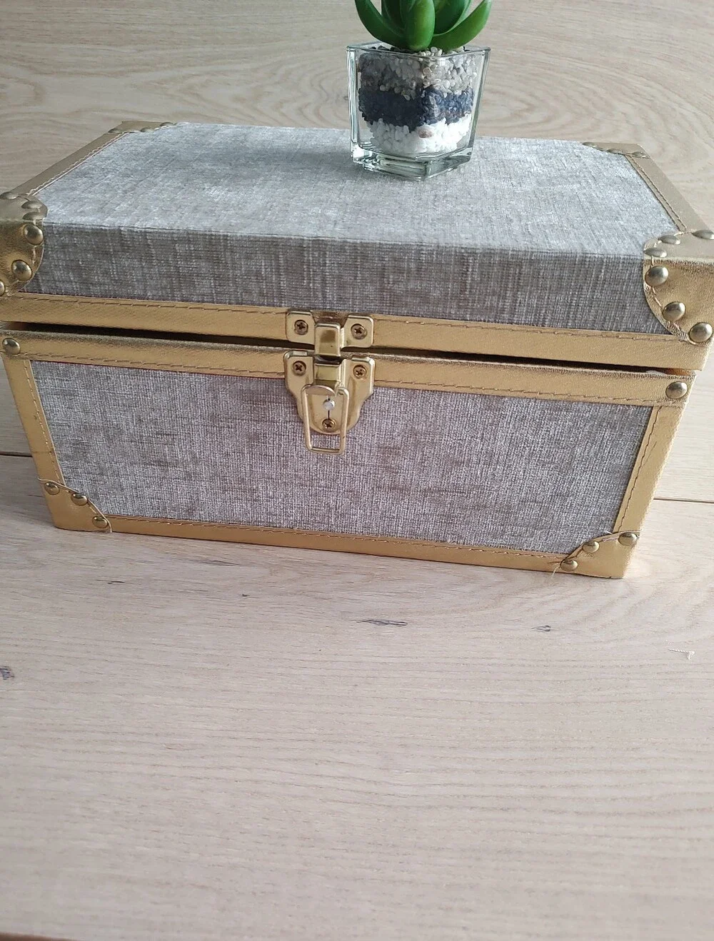 Decorative Linen Jewelry Box with Gold Trim